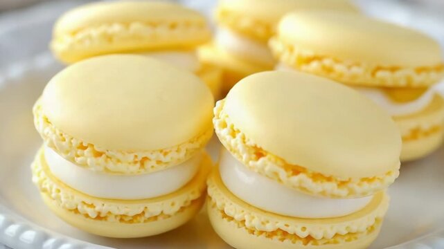 Delicious yellow macaroons showcased on a white plate