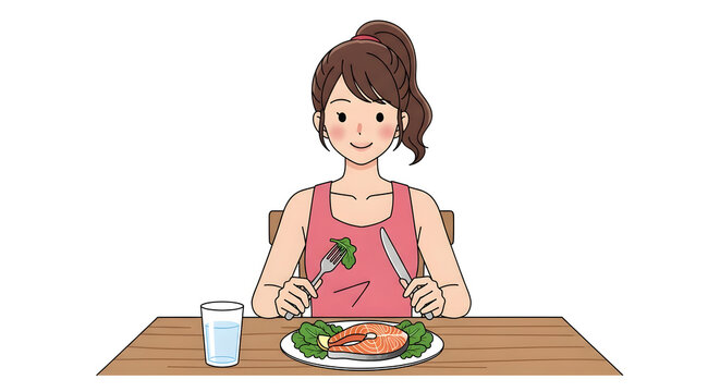 Young woman eating a healthy meal with fish isolated on white background