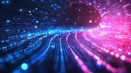 Vibrant abstract tunnel of data flowing with glowing digital particles.
