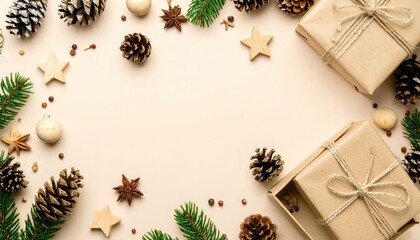 Christmas arrangement pinecones, wrapped gifts, wooden stars, spices, and greenery are artfully arranged on a neutral background, leaving space for text