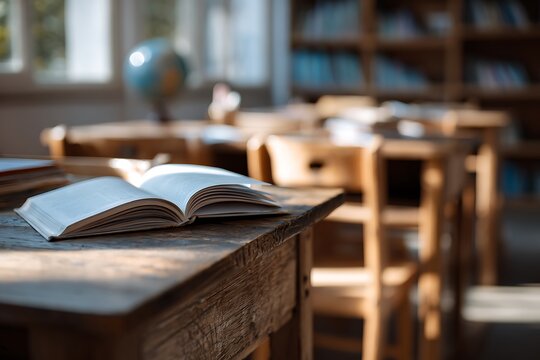An open book on a vintage wooden school desk, symbolizing the start of a new academic year, knowledge, and the enduring tradition of education.