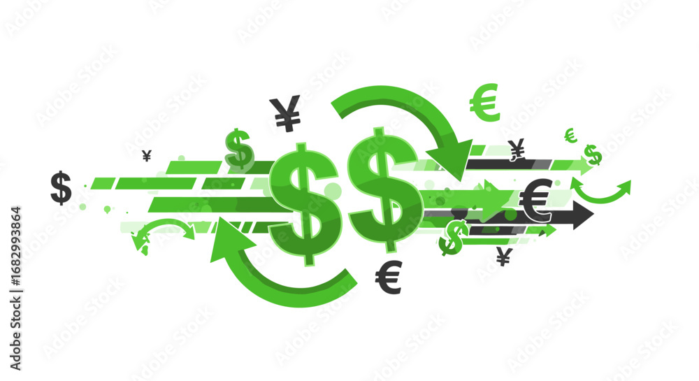 Poster global currency symbols with arrows and abstract green design