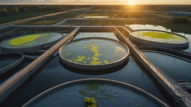 Large outdoor algae cultivation ponds with circular tanks filled with green water for biofuel production at sunset in sustainable energy facility