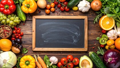 A blank chalkboard is surrounded by a variety of fresh fruits and vegetables on a wooden surface, creating a colorful and inviting frame