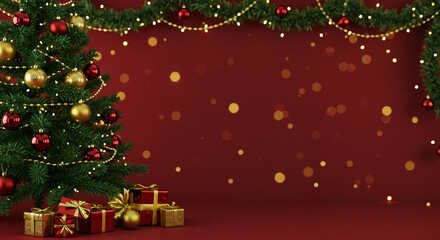 Christmas tree decorated with ornaments and gifts on red background  