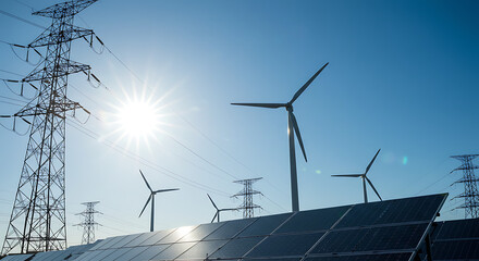 Harnessing the power of renewable energy sources including solar panels and wind turbines under a bright sun with transmission towers connecting to the grid