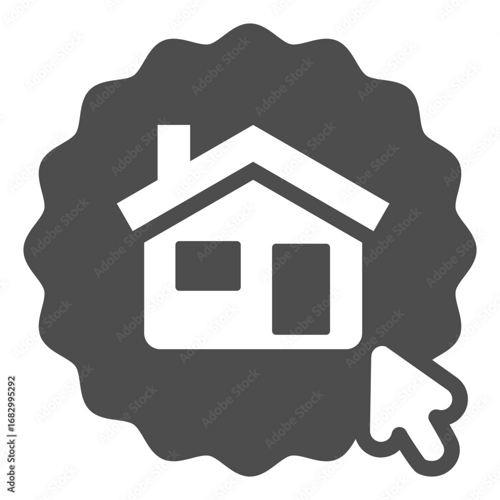 Poster sticker with house and mouse pointer solid icon, work from home concept, remote job vector sign on w