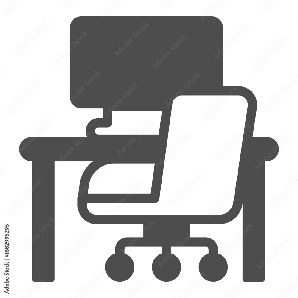 Poster desk with computer monitor and chair solid icon, home workspace concept, workplace vector sign on wh
