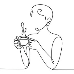 Relaxed person enjoying warm coffee in minimalist line art style