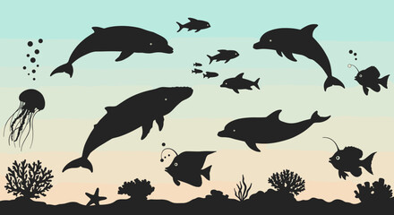 Silhouette ocean life scene with dolphins and marine creatures in sunset gradient