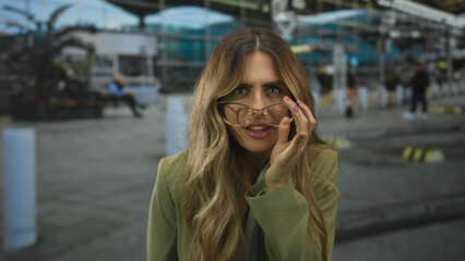 Fototapeta premium Woman wearing glasses hand covering mouth gesture in busy airport terminal; tiredness fatigue jetlag surprise.