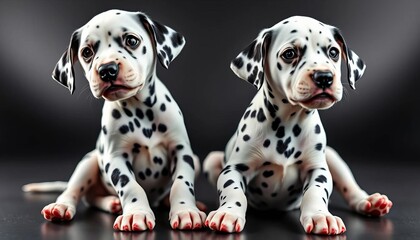 Two adorable Dalmatian puppies, distinct spots, playful pose, studio setting,  spots, Dalmatian puppy