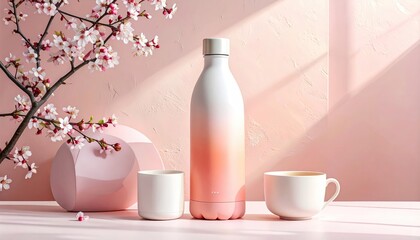 Pink & white still life bottle, cups, flowers, backdrop.  Soft, warm lighting creates a serene atmosphere with subtle shadows & clean composition