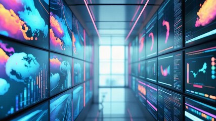 Digital data center corridor with multiple display screens showing colorful analytics, charts, maps, and futuristic technology visuals - Powered by Adobe