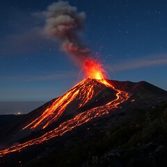 Ethereal Night Volcano Eruption with Glowing Lava Flows