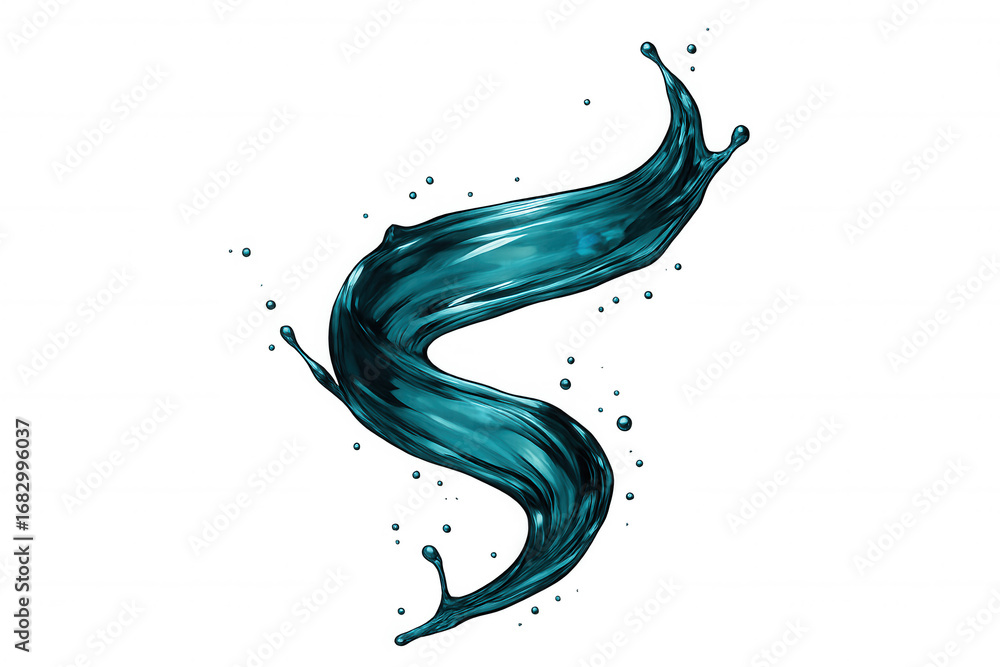 Poster teal liquid dynamically swirling, forming sinuous s-curve with translucent splash effect against cle