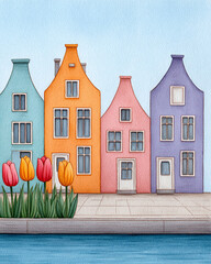 Colorful Dutch Canal Houses with Tulips