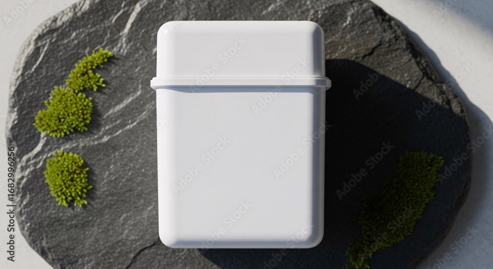 Poster white square container with moss on a dark stone surface