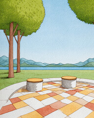 Serene Lakeside Patio with Lush Trees