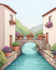 Charming Italian Village with Flowers and Bridge