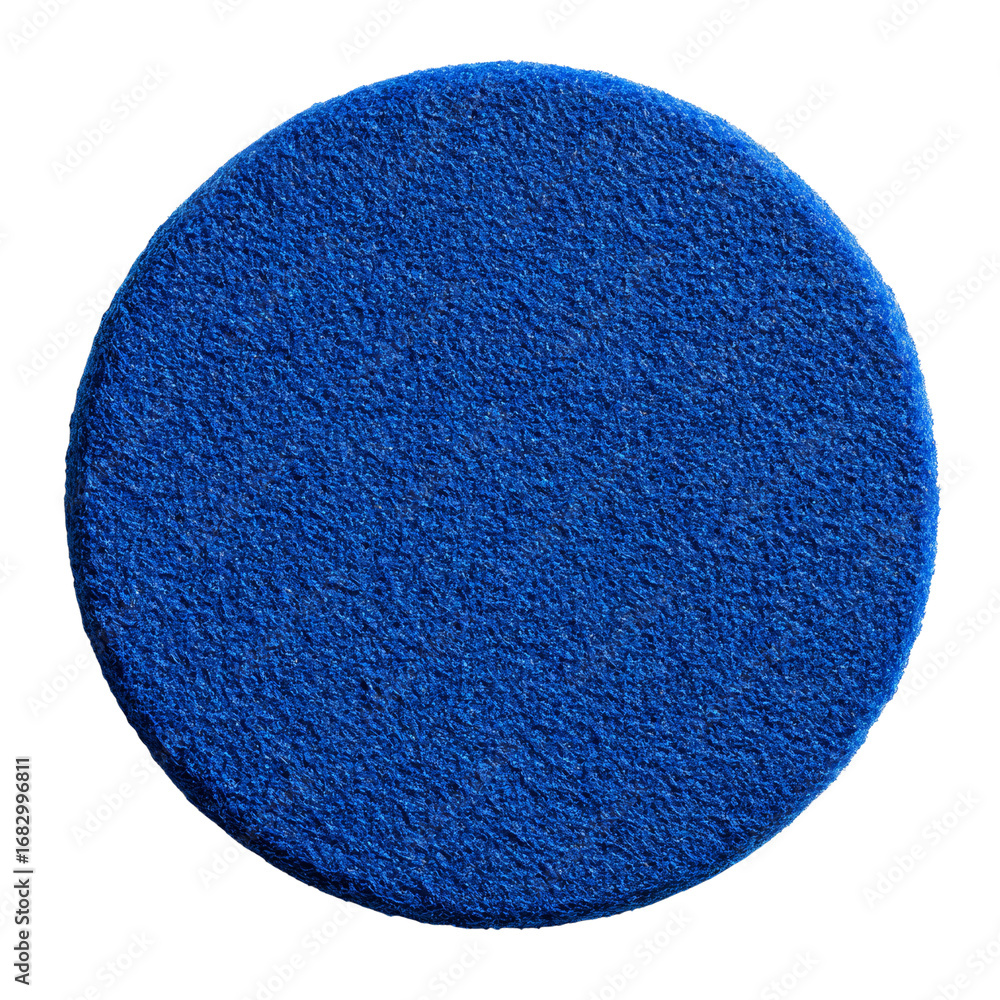Poster azure felted circle floating against nothingness, a textile element for design and craft projects