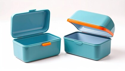Two turquoise rectangular containers, one closed slightly ajar with an orange detail and one wide open, against a clean white backdrop