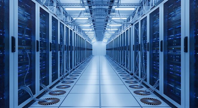 Illustration of rows of server racks glow with blue light in a modern data center hallway