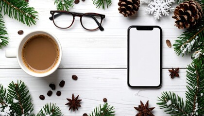 Overhead shot coffee, glasses, phone surrounded by pine branches, cones, snowflakes on white wood. Warm and cozy holiday workspace aesthetic