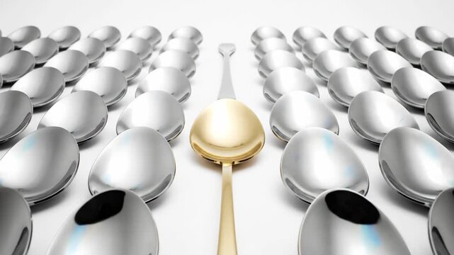 Spoons arranged with a golden one in the center contrasting the silver