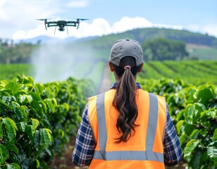 Farmer monitoring drone in coffee plantation, advanced agricultural technology