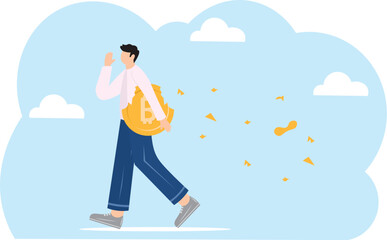 Lose money investment in financial crisis, profit and loss in business or deflation and inflation concept, businessman holding big dollar banknote money while loss, crumble and reduce in value.