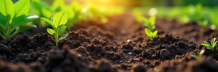 Rich, dark soil freshly turned in a spring garden, ready for planting Sunlight warms the fertile earth, revealing a vibrant texture and promising new growth , natural, cultivation, roots