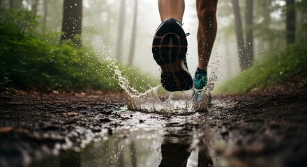 Dynamic shot of a runner's feet splashing through a puddle on a wet forest trail, showcasing active outdoor exercise and the refreshing energy of nature's paths