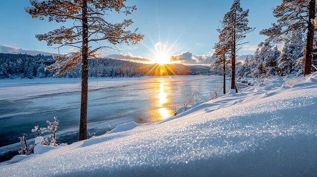 Stunning winter landscape at sunset with vibrant colors on snow and ice, framed by silhouetted trees
