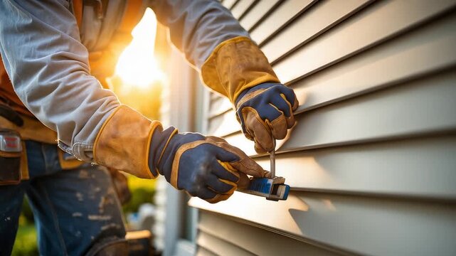 Construction worker installing siding on house exterior with protective gloves and tools during renovation project in warm sunlight setting