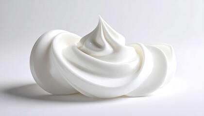 Swirl of glossy, white confection with a pointed peak, resting on a white surface, under soft lighting, creating subtle shadows