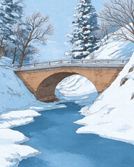 Winter Landscape with a Snowy Bridge over a River