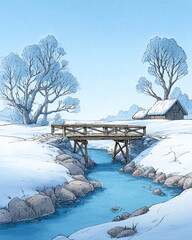 Winter Landscape with Bridge and Cabin