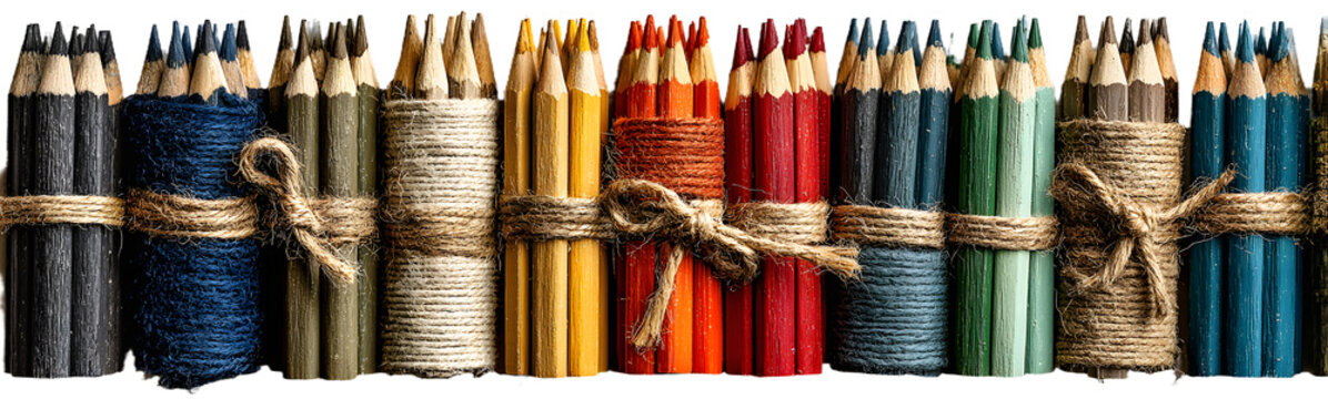 Assorted set of pencil bundles isolate on white backround, set includes graphie and colorful tied pencil for art and school use, sationery isolate concept fr creative work