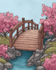 Serene Japanese Garden Bridge with Pink Blossoms