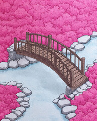 Pink Blossom Garden Bridge Watercolor Illustration