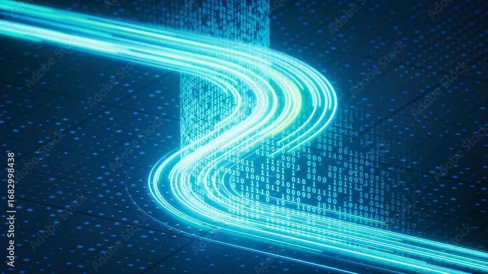 Poster flowing neon lines with binary data background, 3d rendering.