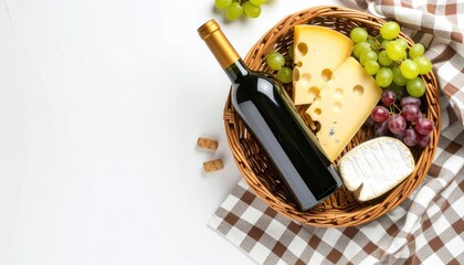 Overhead shot of a wicker basket containing wine, cheese, and grapes, presented on a checkered cloth against a stark white backdrop