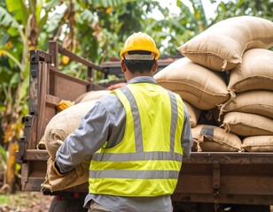 Agricultural laborer in safety vest and hard hat loading heavy burlap sacks of harvested goods onto a truck
