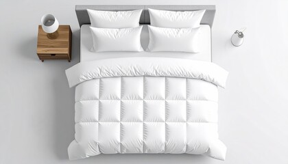 Bird's-eye view of a cozy bed with a white duvet and four fluffy pillows, next to a wooden nightstand with a candle and lamp on a plain white floor