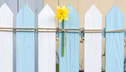 Cheerful daffodil tied to a light blue and white picket fence with rustic twine, set against a light wall. Evokes spring's freshness