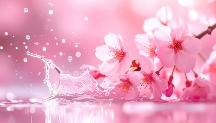 Delicate pink cherry blossoms adorn a twig, with a splash of water adding a refreshing touch to a pink-toned background, creating a dreamy scene