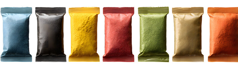 Colorful set of powdered drink sachets isolate on whte background, set include sealed packets in multipl tones for coffee, tea andsupplements, packaging isoate concept