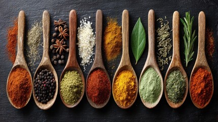 Assortment of spices and herbs in wooden spoons