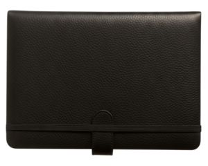 Black leather organizer notebook with elastic strap closure isolated on white isolated on transparent background